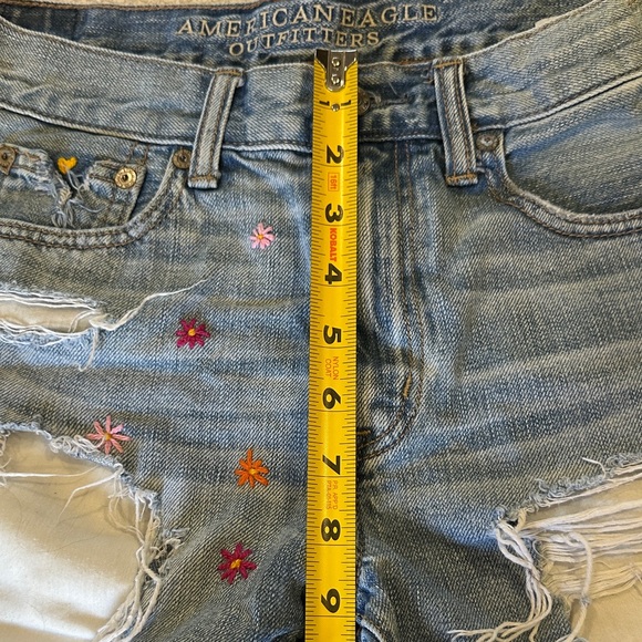 American Eagle Outfitters Distressed Blue Jean Shorts with Floral Embroidery - Picture 10 of 13